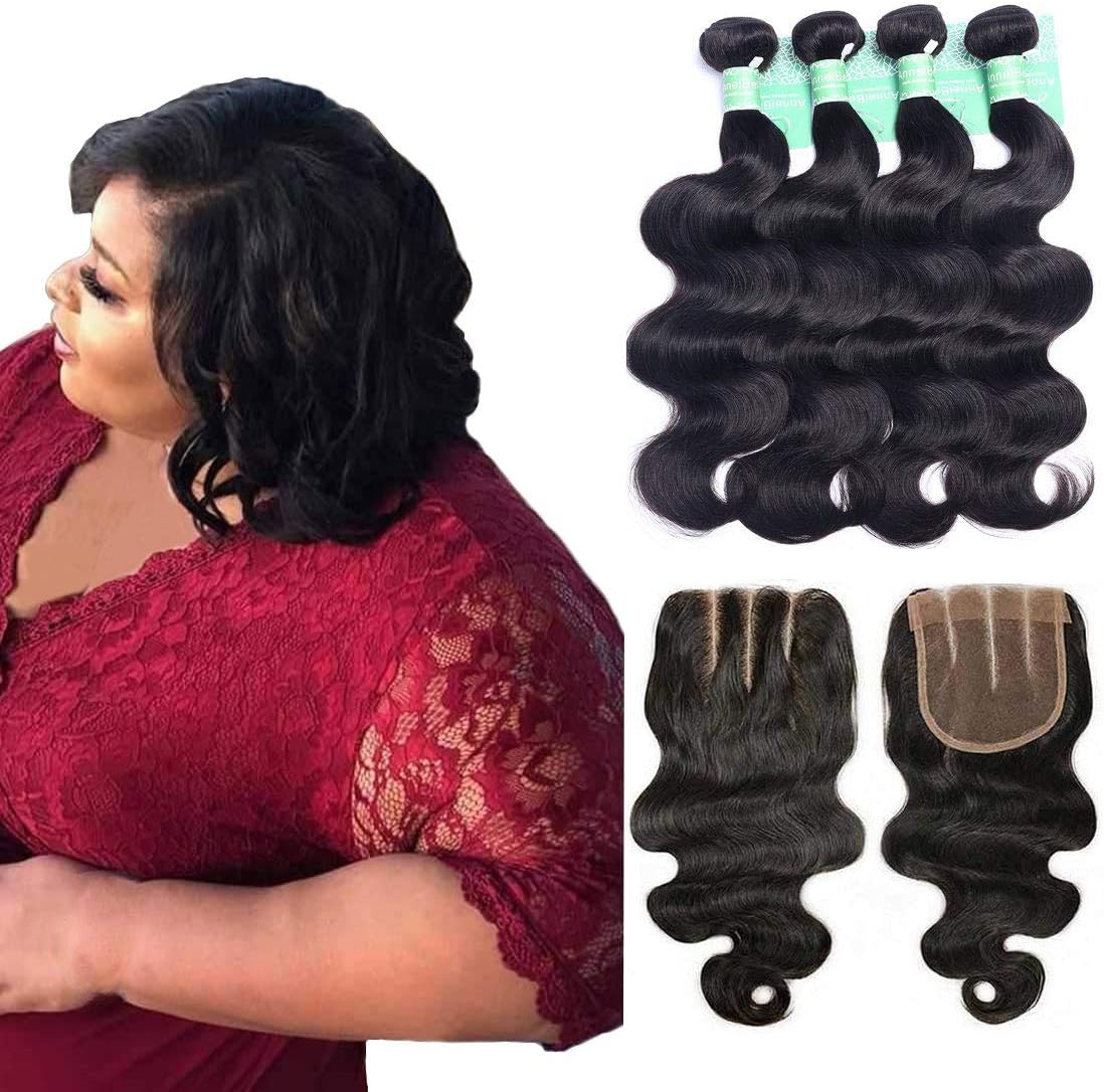 Brazilian Hair Body Wave Bundles with Closure 8A Virgin Unprocessed Weave Human Hair Bundles for Black Women/Children, Full Head, Health, Natural Color, (10" 10" 10" 10" with 10" 3 part lace closure)