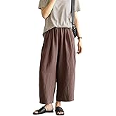 Yeokou Womens Linen Pants Summer Casual Capris Cropped Wide Leg Beach Trousers with Pockets