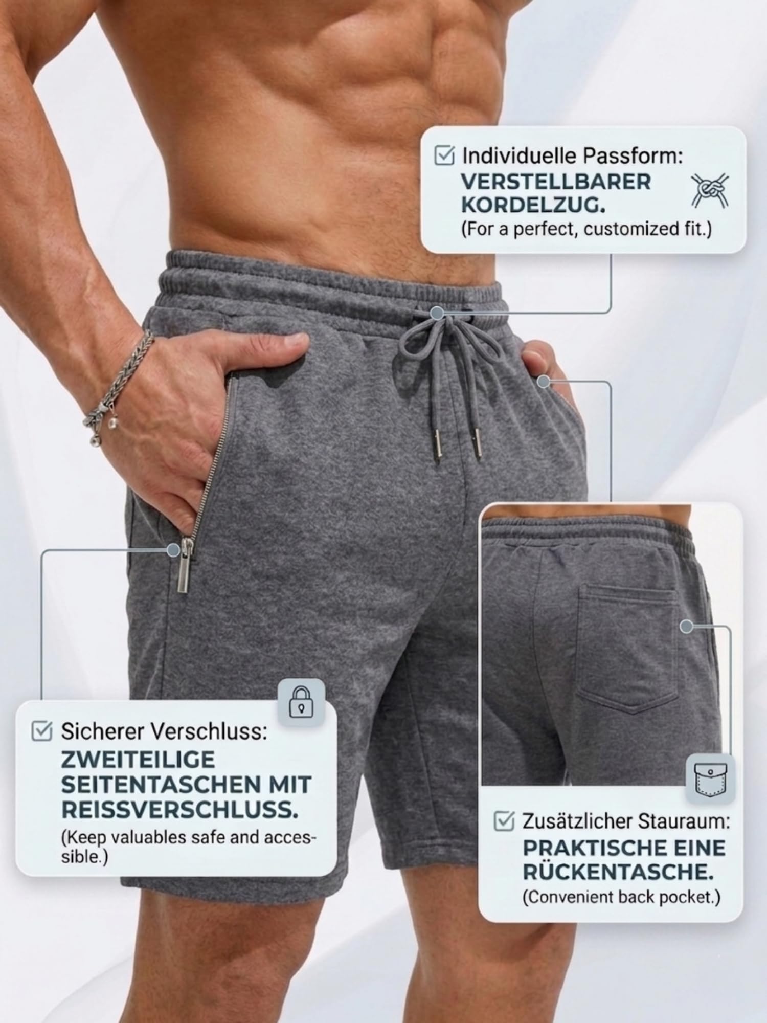 COMEOR Shorts Herren mit Reißverschluss - Baumwolle Kurze Hosen, Sporthose Kurz Männer Bermuda Jogginghose, Laufshorts Sommer Trainingshose (Dunkelgrau, XXL) 4