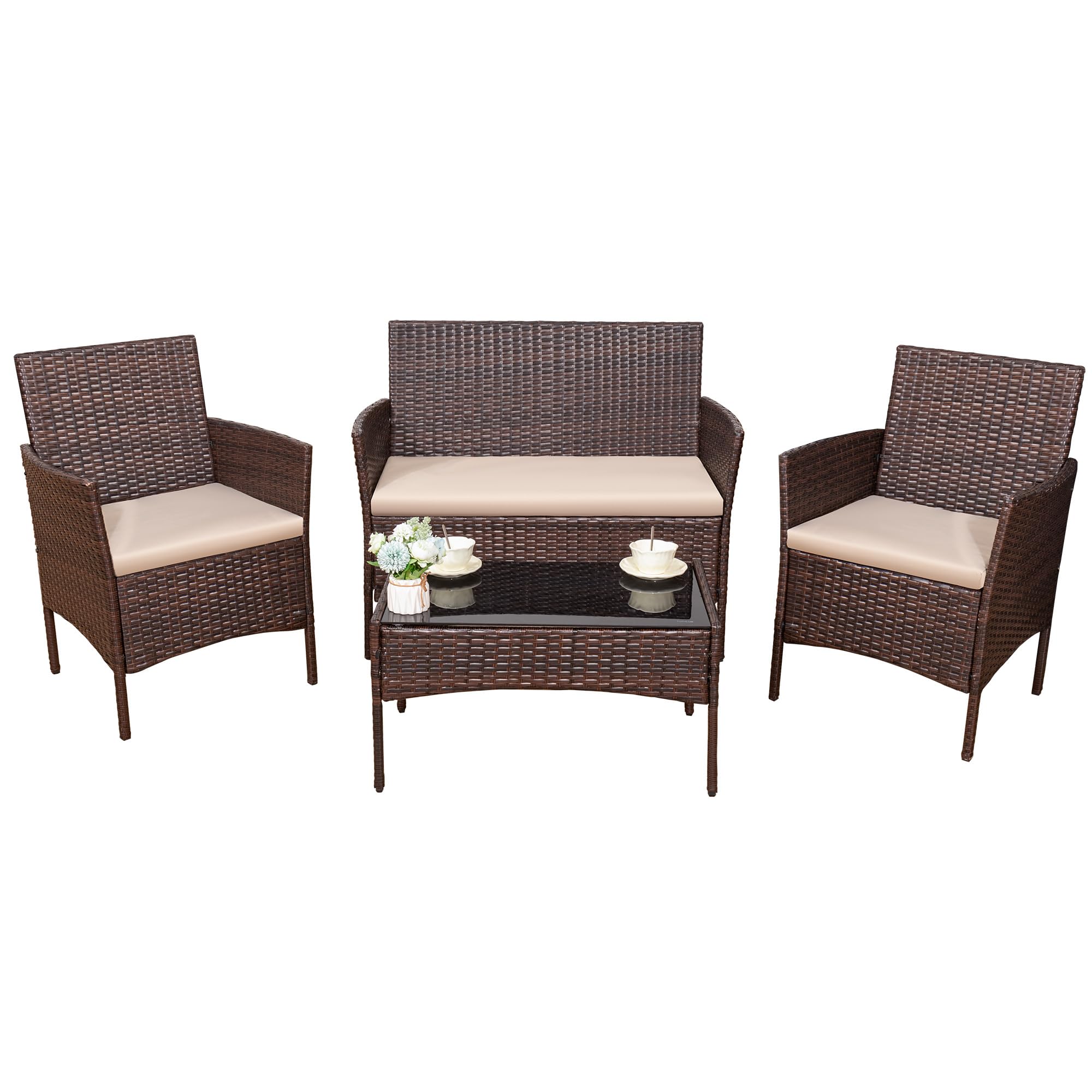 Photo 1 of ****It is used, it is missing parts, it is not known if it works 100%.***Devoko 4 Pieces Outdoor Patio Furniture Set, PE Rattan Wicker Chairs Balcony Lawn Porch Patio Furniture Sets with Beige Cushion and Table (Brown)