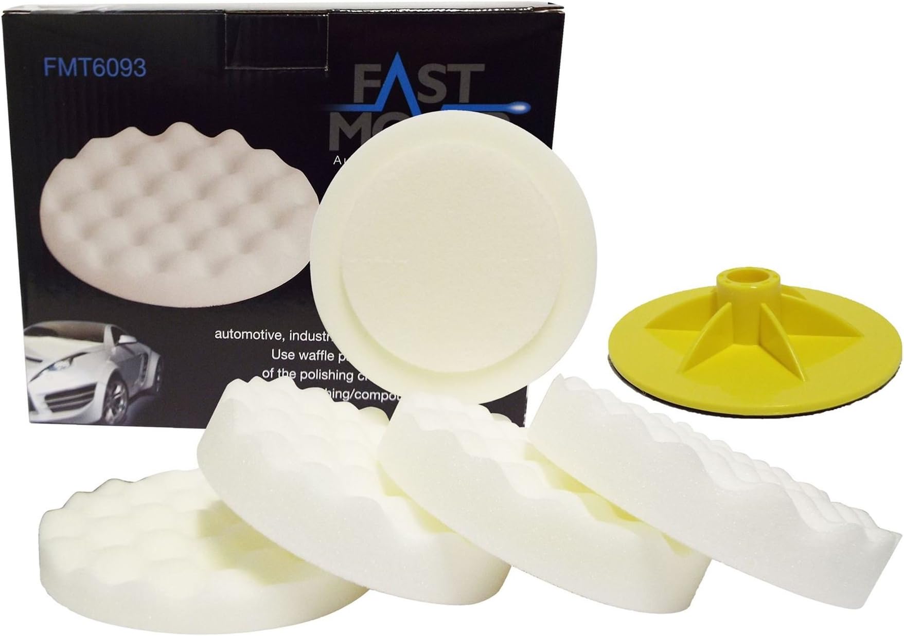 Fast Mover FMT6093 150mm 6" Hook'N'Loop HookIt backed Hard White Waffle Foam Compounding Pads Set of 5 with M14 Female Backing Pad Suitable for automotive, industrial and marine applications