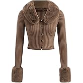 MakeMeChic Women's Faux Fur Fuzzy Cardigan Sweaters Valentines Day Outfit Y2K Long Sleeve Rib Knit Cardigan