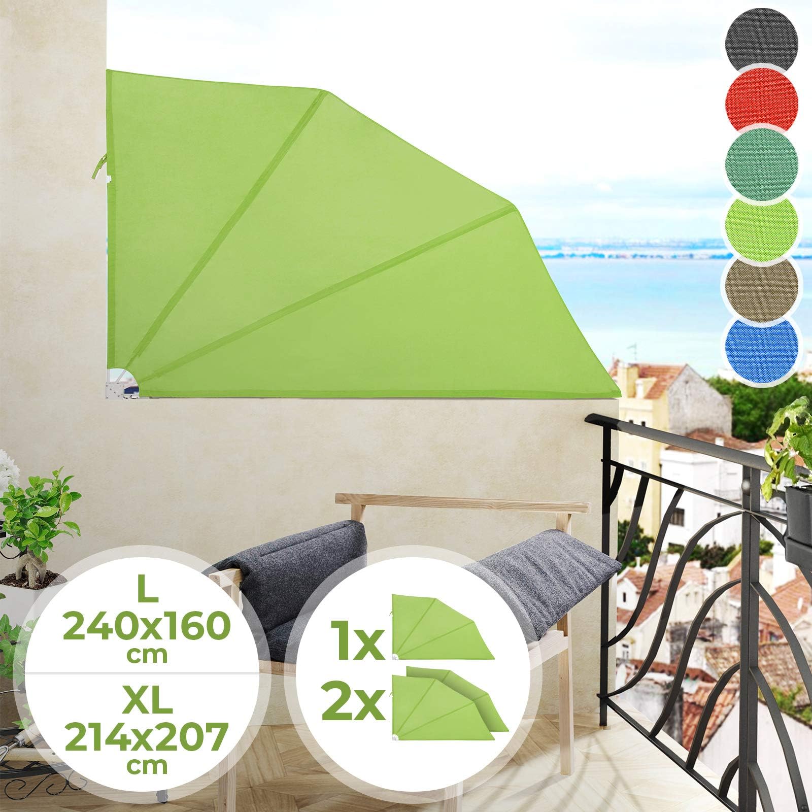 Balcony Vertical Awning Sun Shade - L: 240/160 cm, XL: 214/207 cm, Choice of Colours - Blind Screen, Terrace Blind Shade, Privacy Screen
