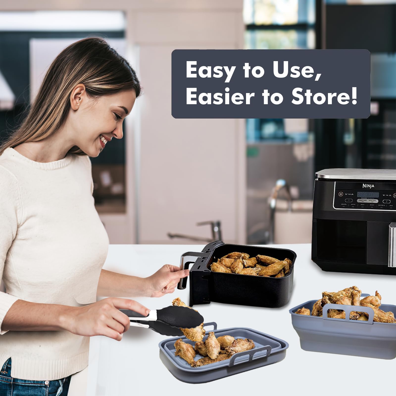 2-Pack Collapsible Silicone Liners for Ninja Foodi DZ201 & Other 8QT Dual Basket Air Fryer - 8.3 x 5.9 x 3.7inch Reusable Rectangular Premium Silicone Pot Basket Tray