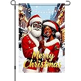 HOMETITUTE Merry Christmas African American Black Santa Garden Flag 12x18 Inch Double Sided Santa and Mrs Claus Couple Flags Holiday Outdoor Winter Yard Banner Christmas Welcome Flag