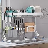 Over The Sink Dish Drainer Drying Rack, 2 Tier Adjustable Width (20.87'' to 37.6'') 304 Stainless Steel Large Over Sink Dish 