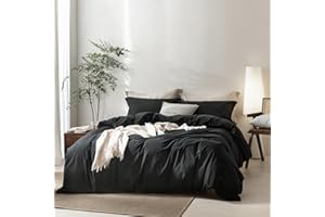 BDEAR Linen Feel Duvet Cover Queen Size, 100% Washed Cotton Comforter Cover Size 90x90inch with Zipper Closure and 2 Pillowcases, Solid-Black