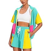 UOUA Women's 80s Color Block Outfits 2 Piece Tracksuit 90s Party Costume Summer Zip Up Windbreaker & Short Sets