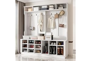 WOODTIME Extra Large Hall Tree with Bench and Shoe Storage, Multi-Purpose Entryway Bench with Coat Rack, Adjustable Shelves, 6 Double Hooks and 21 Open Compartments, White
