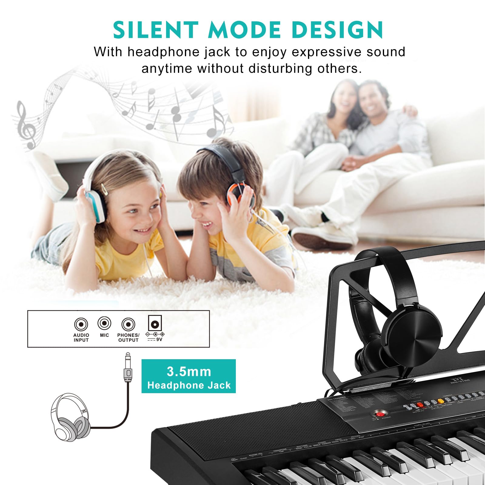 MUSTAR Teclado de piano con teclas iluminadas, teclado de aprendizaje Piano 61 teclas para principiantes, teclado de piano eléctrico MEKS-700 con banco, soporte, auriculares, micrófono, pegatinas de notas, altavoces incorporados