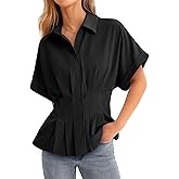 Cicy Bell Womens Pleated Button Down Blouse Summer Cuffed Short Sleeve Peplum Tops Casual Dressy Fitted Waist Shirts
