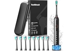 CEMOBENE Electric Toothbrush, Sonic Type for Adults & Teens, 8 Brush Heads, Travel Case, 6 Modes, 40000 VPM Electric Motor, IPX7 Waterproof, 2 Minutes Timer, Wireless Charging, One Charge for 100 Days（Black）