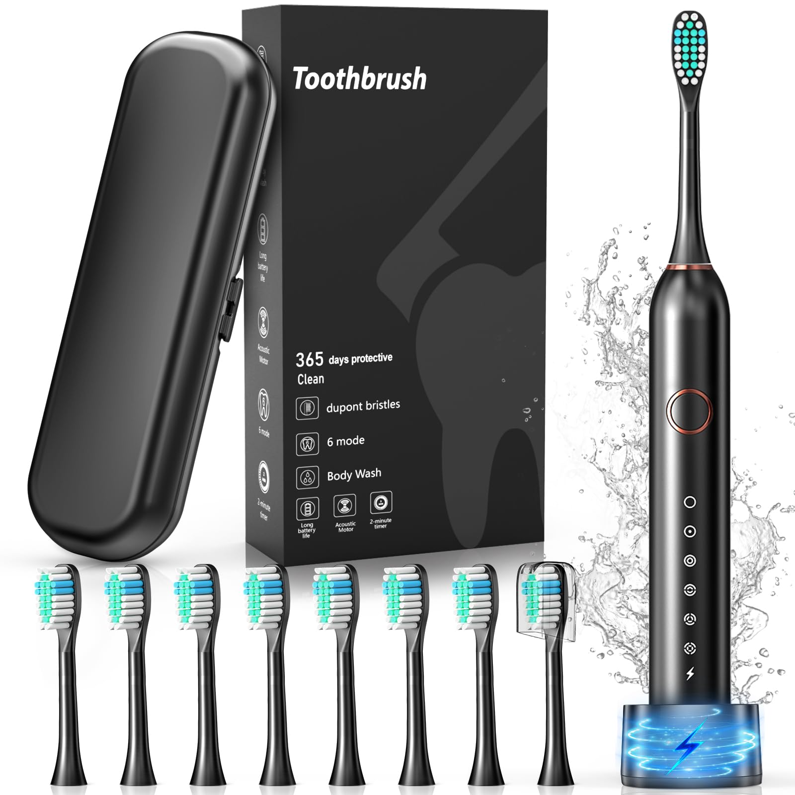Photo 1 of Electric Toothbrush, Sonic Type for Adults & Teens, 8 Brush Heads, Travel Case, 6 Modes, 40000 VPM Electric Motor, IPX7 Waterproof, 2 Minutes Timer, Wireless Charging, One Charge for 100 Days?Black?