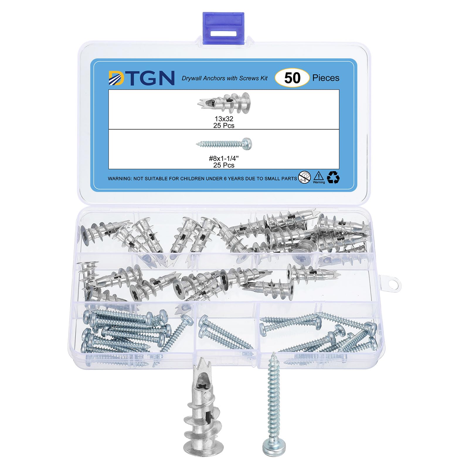 DTGN 1/2"x1-1/4" Self-Drilling Drywall Anchors with Screws Kit - 25 Set - Good for Concrete Tile Cement - Zinc Alloy Hollow Wall Anchors Kit with Screws