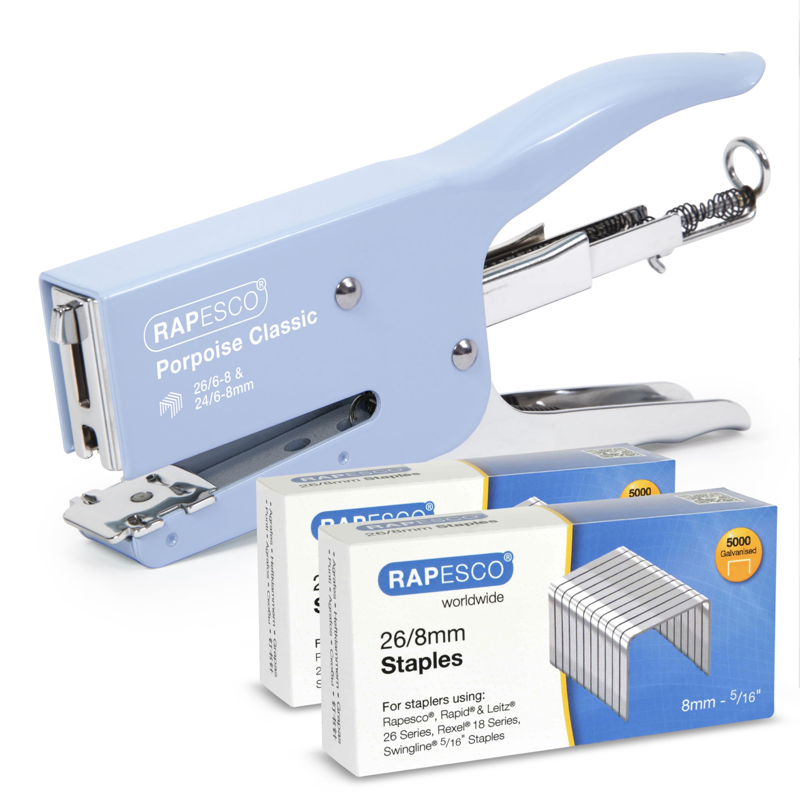 Rapesco 1355A Porpoise Classic Stapling Plier with 10,000 Type 26/8mm Staples, 45 Sheet Capacity, Powder Blue