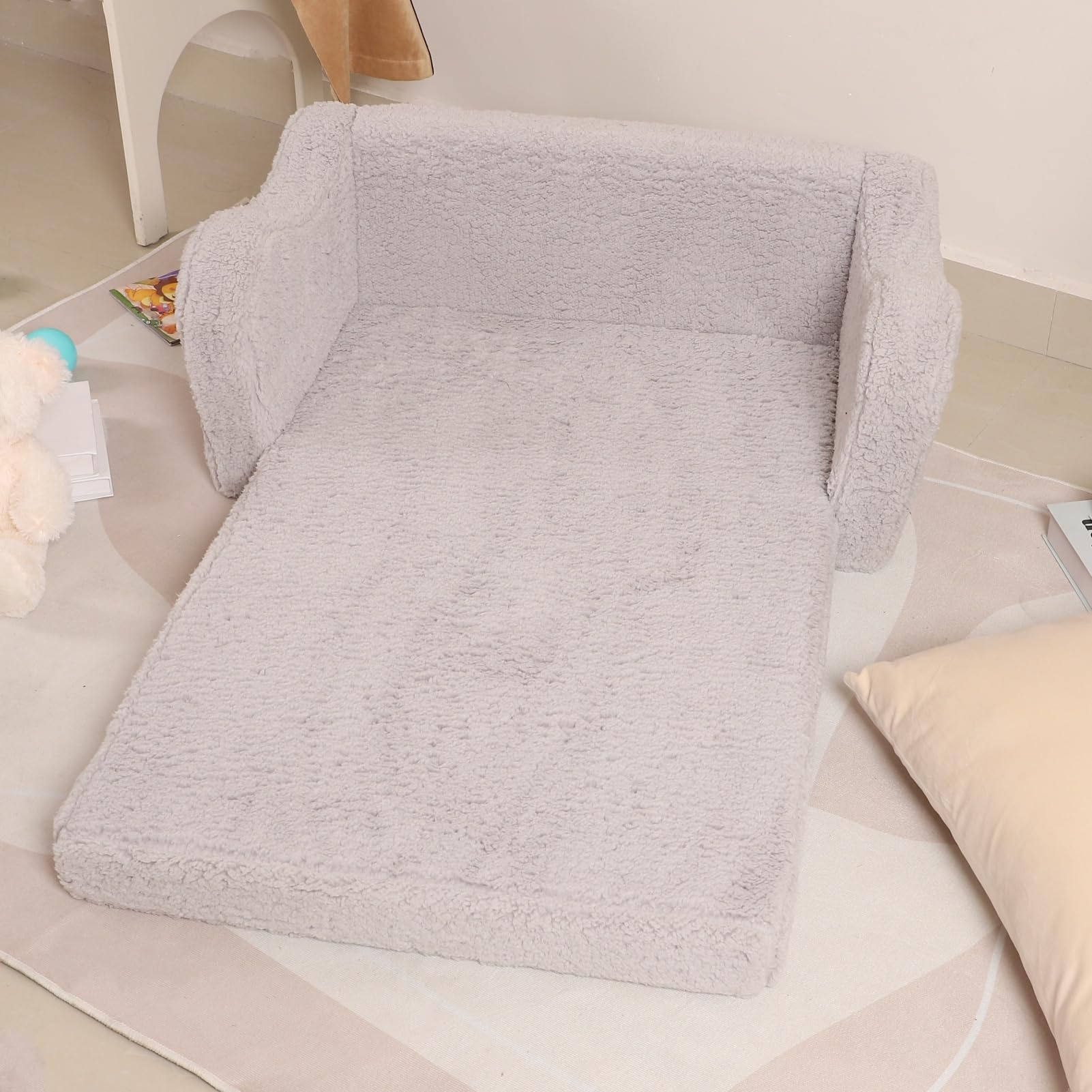 MOMCAYWEX Kids Sofa, 2-in-1 Flip-Out Foam Couch, Soft Play Lounge Chair for Toddlers and Children, Extra Wide, Grey