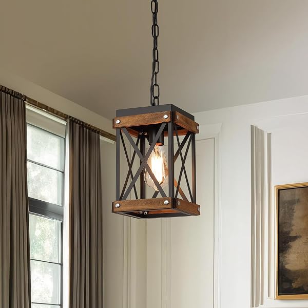 2 PACK RUSTIC FARMHOUSE WOOD PENDANT LIGHT FIXTURE ONE-LIGHT ADJUSTABLE CHAIN OAK WOOD AND METAL LANTERN CAGE SMALL PENDANT LIGHTING FOR KITCHEN ISLAND SINK HALLWAY FARMHOUSE BATHROOM BAR, BLACK