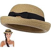 STOBOK Women S Straw Bowler Hat with Bowknot Dome Roll-up Wide Brim Sun Hat Lightweight Summer Beach for Outdoor Activities