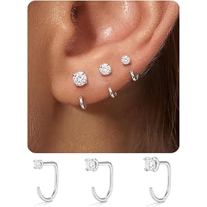 GEMQUEEN 925 Sterling Silver Backless Half Hoop Earrings, 1/3 Pairs | No Back Stay Closed Open Huggie Earrings Lightweight Co