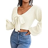EHSUYAB Sexy Deep V Bow Cropped Sweater, Knit Lantern Long Sleeve Crop Top, Cute Fall Outfits for Women Date Casual Going Out