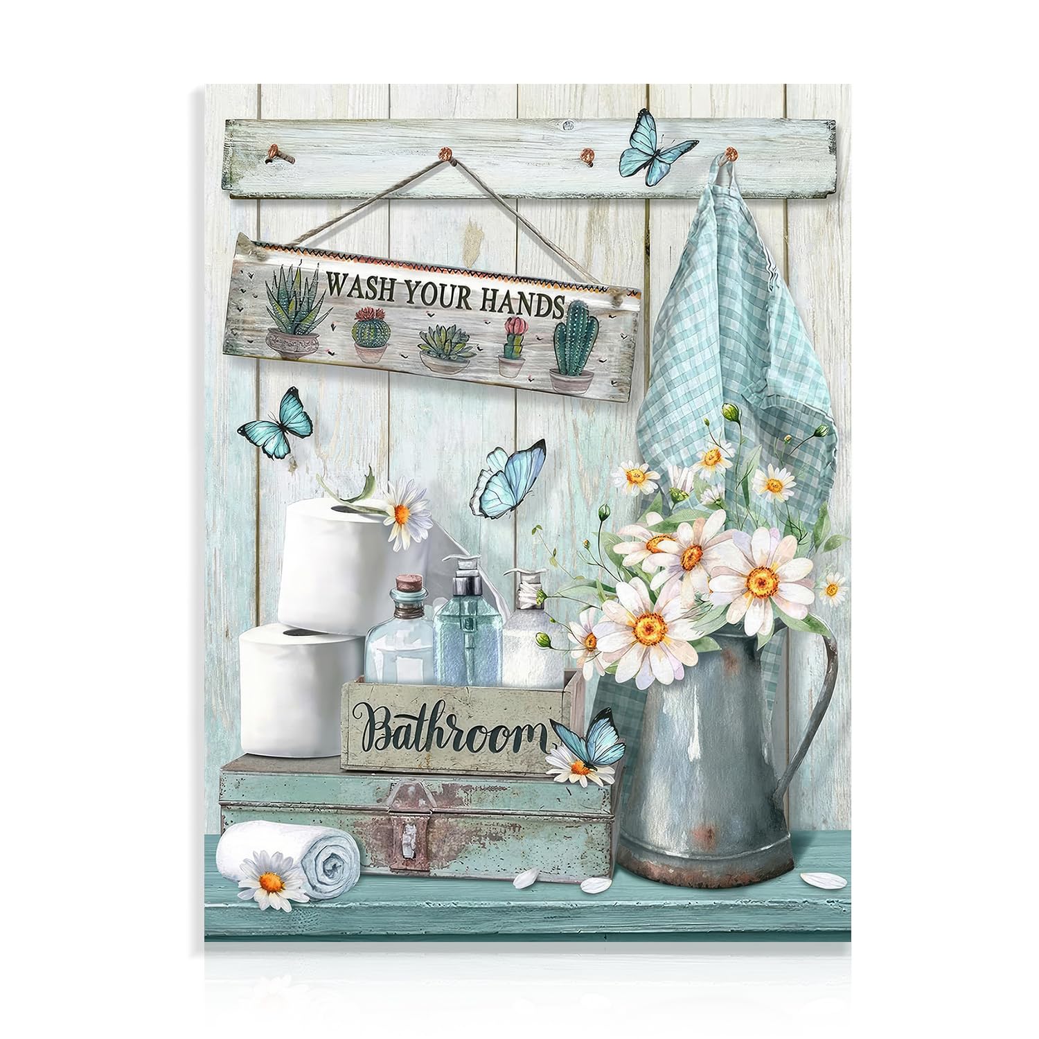 Dazzlewall Farmhouse Bathroom Decor Wall Art Rustic Teal Flower and Butterfly Pictures Wash Your Hands Sign Artwork for Bathroom 12x16 in Unframed