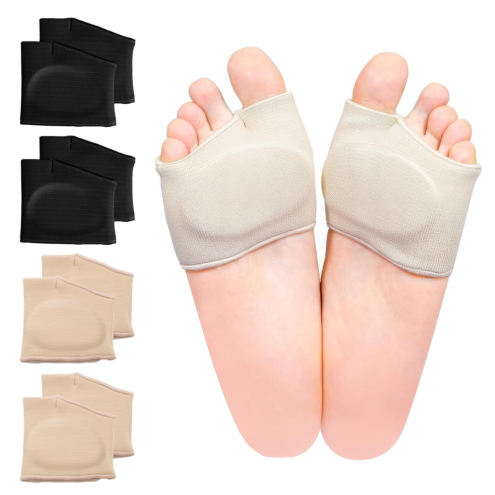 Photo 1 of ***MISSING 1 BLACK PAIR**** 4 Pairs of Metatarsal Pads with Gel Pads for Women and Men, Ball of Foot Cushions for Sesamoiditis, Morton's Neuroma, Metatarsalgia, Calluses Blisters and Diabetic Feet(Beige+Black,Large)