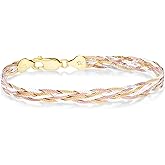 Miabella Italian 925 Sterling Silver, Tri-Color 18K Gold Plated 6-Strand Diamond-Cut 7mm Braided Herringbone Chain Bracelet for Women, Made in Italy