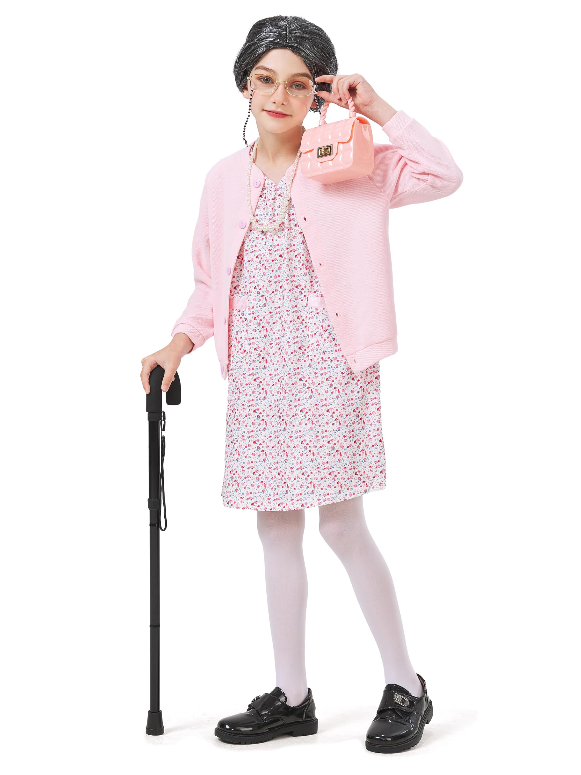 Photo 1 of FancyFun 8 Pcs Old Lady Costume for Kids, 100 Days of School Costume for Girls Grandma Wig Granny Outfit Old Person Dress Up Set A 11-13Y