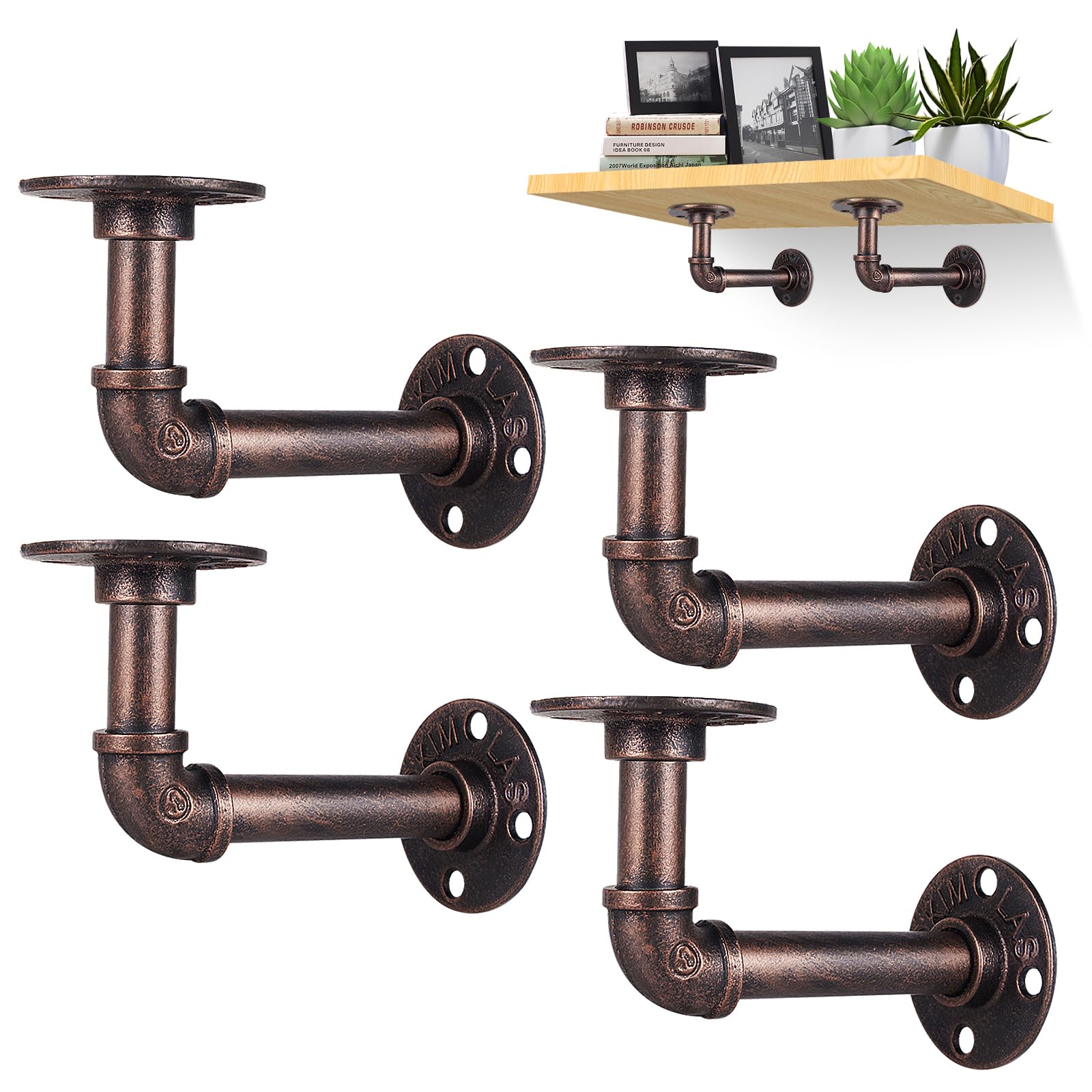 YAUNGEL 4 PCS Pipe Shelf Bracket, Industrial Floating Shelf Brackets, Heavy Duty Metal Vintage Decor Brackets for Scaffold Board Wall Mounted-Red Bronze
