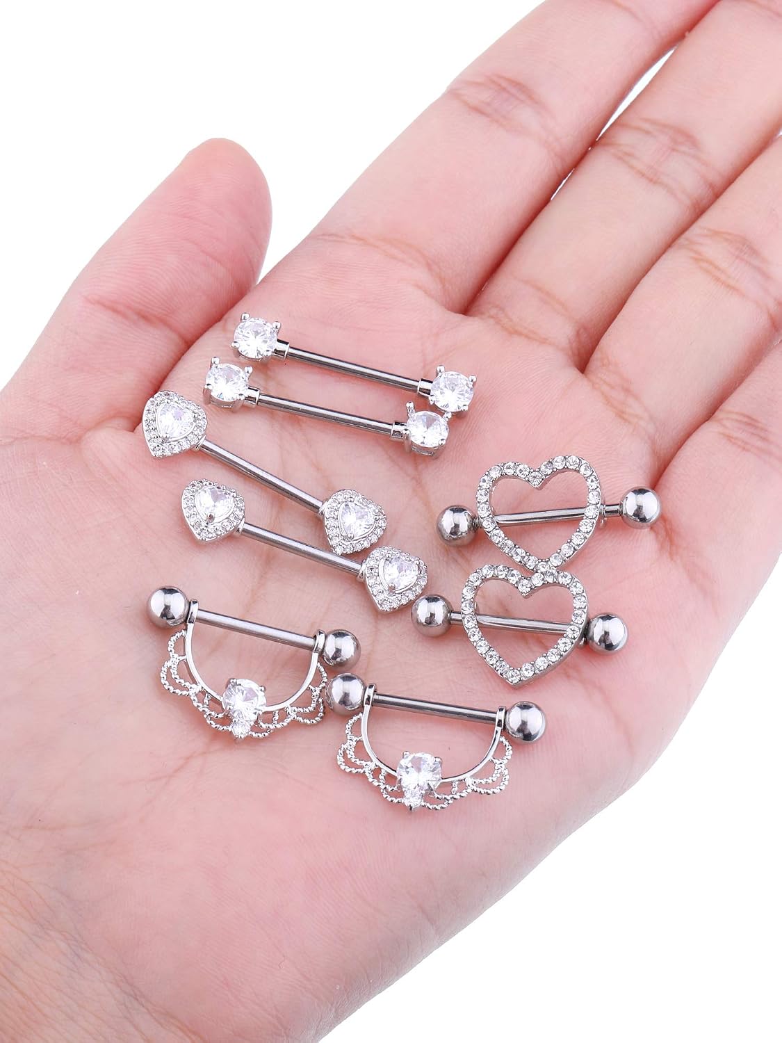 4 works Stainless Steel Nipple Rings Tongue Ring Piercing Body Jewelry Barbell CZ Heart Shape Rings for Women Girls (Color 1) - Image 5