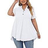 PLOKNRD Women's Plus Size Tops Short Sleeve Henley V Neck Button Up Flowy T Shirts Tunic Loose Blouses