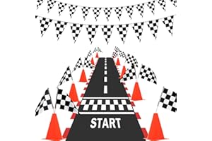 AHIER 38 Pcs Traffic Cones and Racing Flags Set - 12 Plastic Cones With Hole, 24 Checkered Flags With Sticks, 6.5Ft Racetrack Floor Runner and 9.8ft Race Track Banner