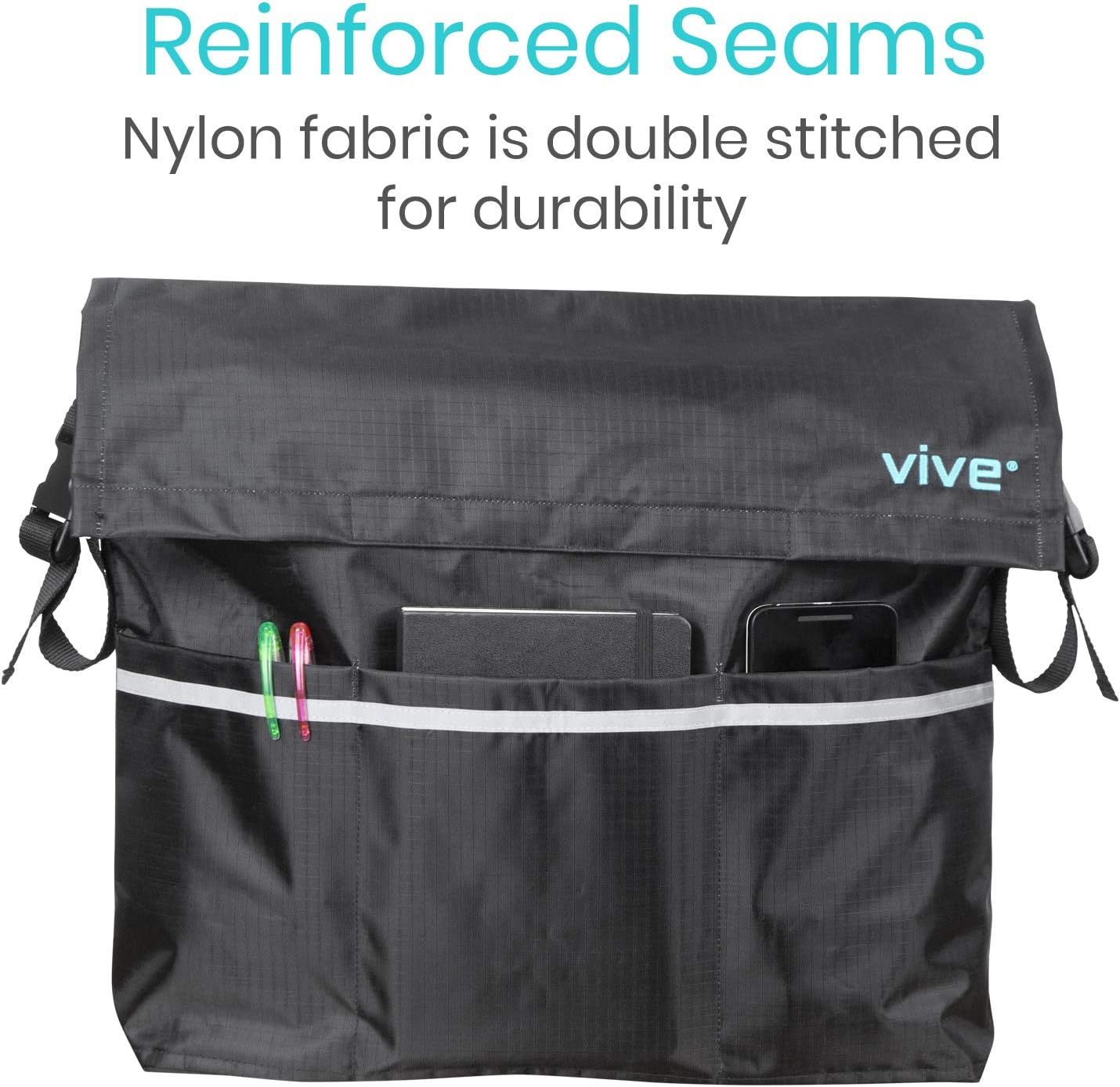 Vive Wheelchair Bag - Wheel Chair Storage Tote Accessory for Carrying Loose Items and Accessories - Travel Messenger Backpack for Men, Women, Handicap, Elderly - Accessible Pouch and Pockets, Black: Health & Personal Care