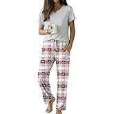 Ekouaer 2 Piece Womens Pajamas V Neck Short Sleeve Top and Long Pants Pjs Print Lounge Set Sleepwear