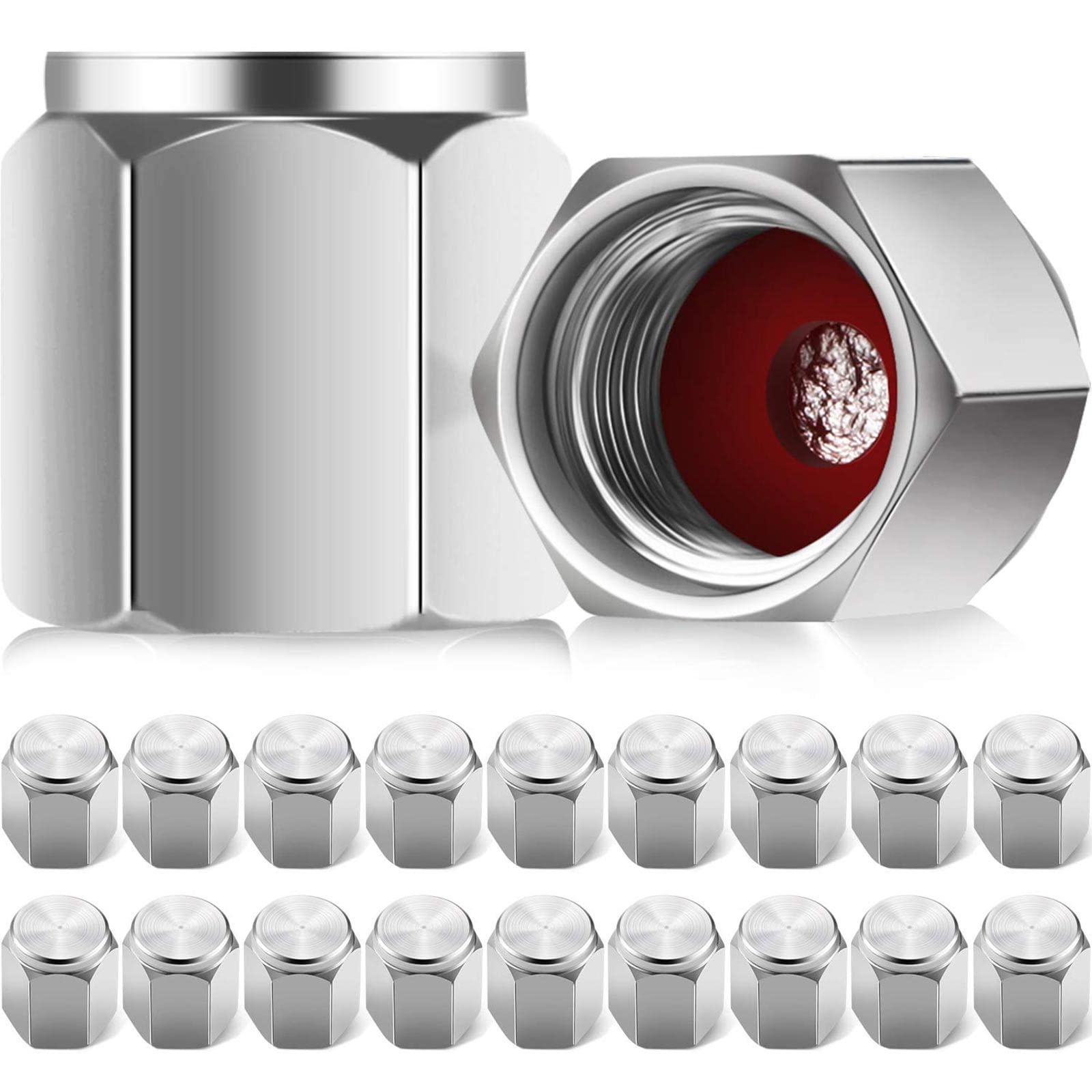 Photo 1 of 20 Pieces Tire Valve Caps Aluminum Valve Stem Caps in Hexagon Shape with Rubber O-Ring Seal Stem Covers Universal Fits for Car Truck Motorcycles Bike and Bicycle (Silver)