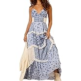 ebossy Womens Lace Patchwork Floral Maxi Dress Spaghetti Strap Sexy Backless Ruffle Tiered Boho Beach Sundresses