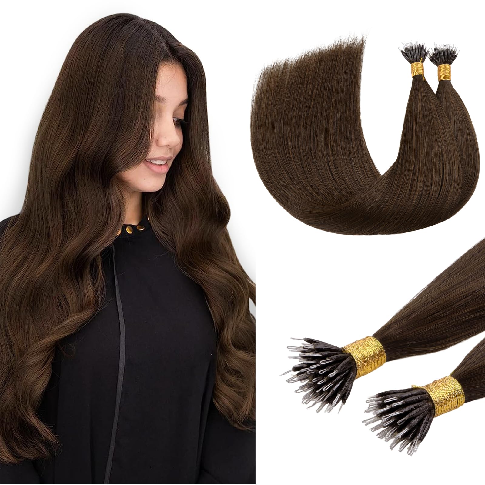 DOORES Nano Hair Extensions Real Human Hair, Chocolate Brown 14 Inch 50g 100s, Cold Fusion Nano Beads Hair Extensions Lightweight — image 1