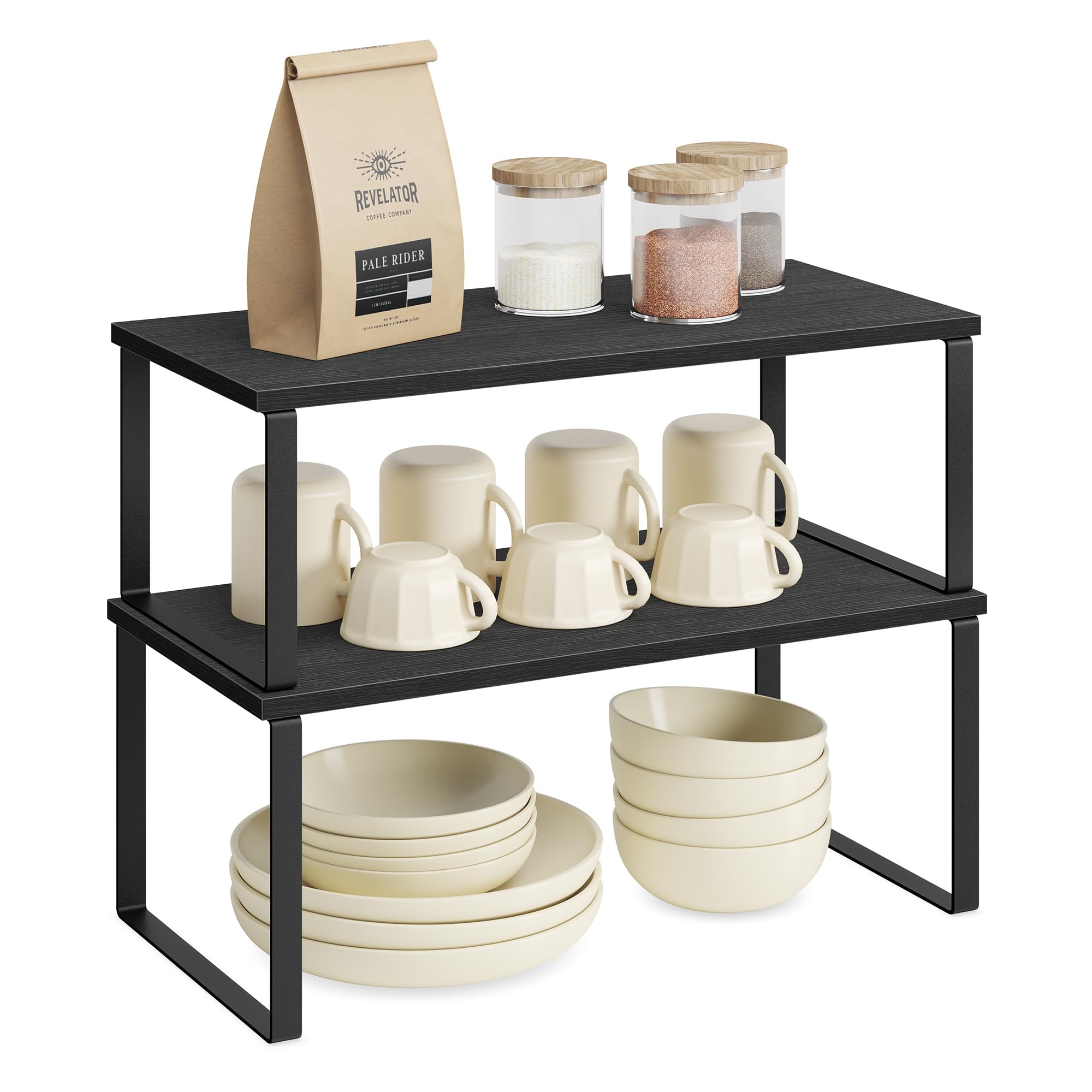 SONGMICS Spice Rack, Set of 2 Cupboard Shelf Organisers, Expandable Kitchen Shelf Organiser, Stackable Spice Holder, Metal and Engineered Wood, Ink Black and Ebony Black KCS025B01