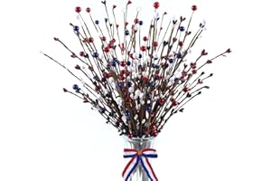 DoubleWood 6Pack Patriotic Picks, Artificial Red White and Blue Berry Stem Picks, Patriotic Centerpieces for Tables Decorations, 4th of July Flowers American Decor for Home Independence Day (6)