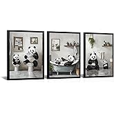 OuElegent Funny Animal Bathroom Wall Decor Animal Bathroom Pictures Panda Wall Art, Set of 3 Black Framed Prints, Black and White Decor, 12 x 16 inches x 3