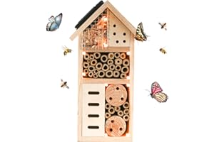antiai Wooden Multi Insect Bee Butterfly House with Light,Solar Lighting Insect House Hotel,an Outdoor Hanging Bamboo Habitat for Mason Bee Butterfly Ladybugs Live,Bee Box,Butterfly Habitat for Garden