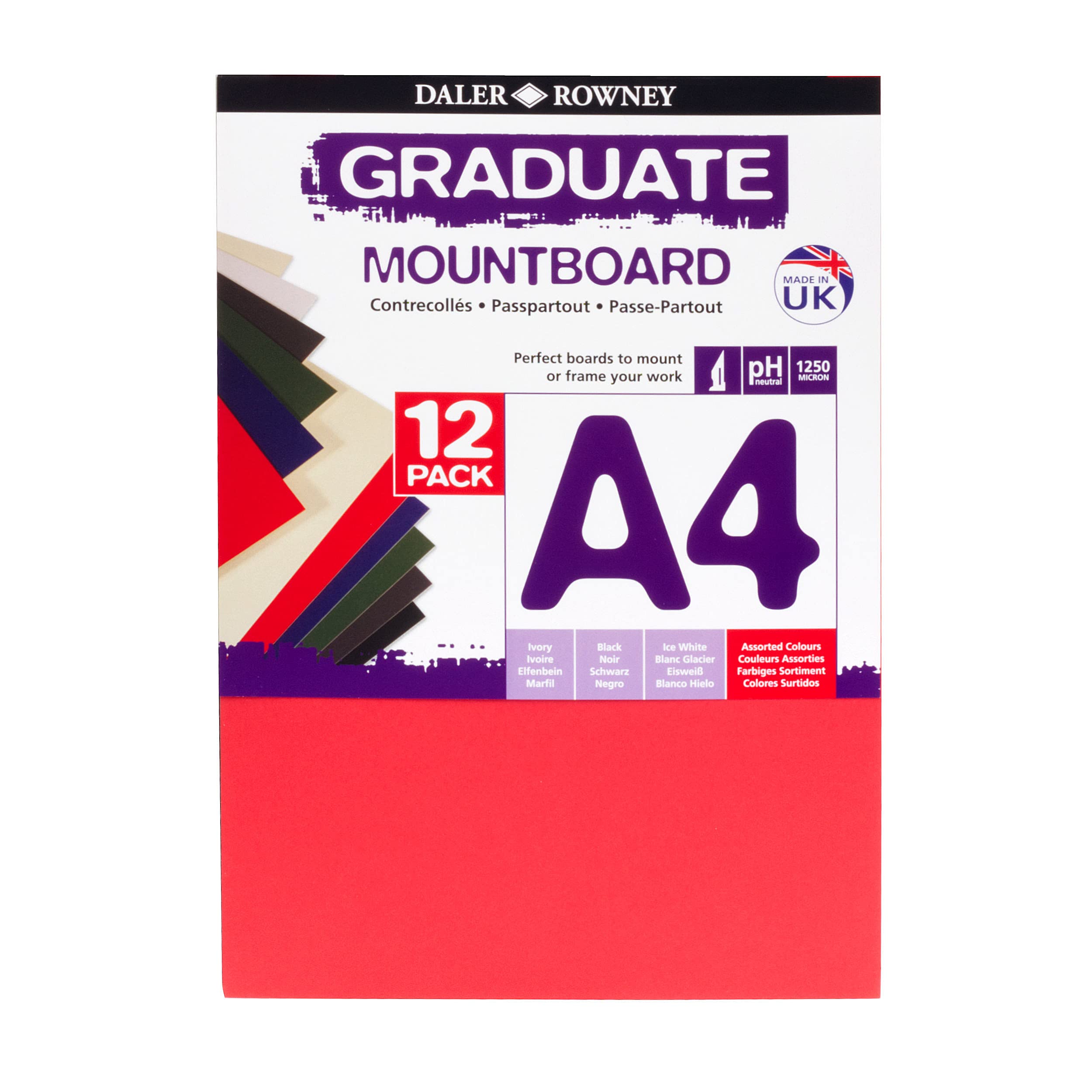 Daler-Rowney Graduate Cream Core A4 Mountboard Pack, 12 x Assorted Colours, Smooth Surface, 1.25mm Thick, For Student Artists & Hobbyists