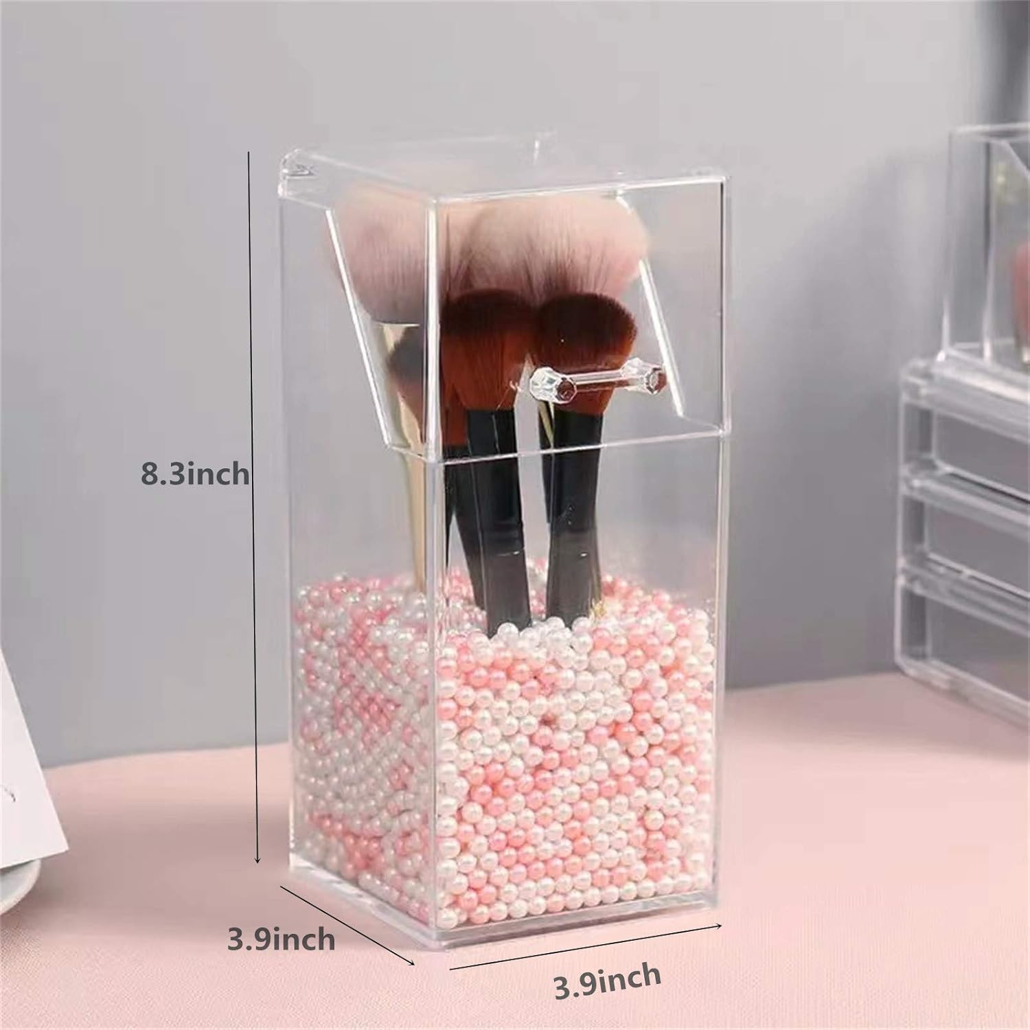 ACEDIVA Makeup Brush Holder Acrylic Makeup Organizer with lid, Cosmetic Display Cases with White Pink Pearl (Square): Home & Kitchen