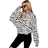 WDIRARA Women's Drop Shoulder Half Zip Zebra Striped Long Sleeve Oversized Sweatshirt