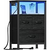 Furnulem Black Nightstand with Wood Shelf, Bed Side Table with Led Light and Charging Station, 25.8 Inch End Table with 3 Fabric Storage Drawers, Small Night Stand for Bedroom Furniture
