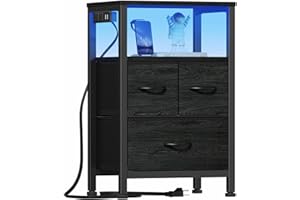 Furnulem Black Nightstand with Wood Shelf, Bed Side Table with Led Light and Charging Station, 25.8 Inch End Table with 3 Fabric Storage Drawers, Small Night Stand for Bedroom Furniture
