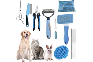 KUEIOX Dog Brush for Shedding,9 PCS in One Pet Slicker Hair Brush Kit with Pet Nail Clipper and File - Dog Cat Grooming Deshedding Undercoat Rake Brush Comb for All Small Large Dogs Cats Blue