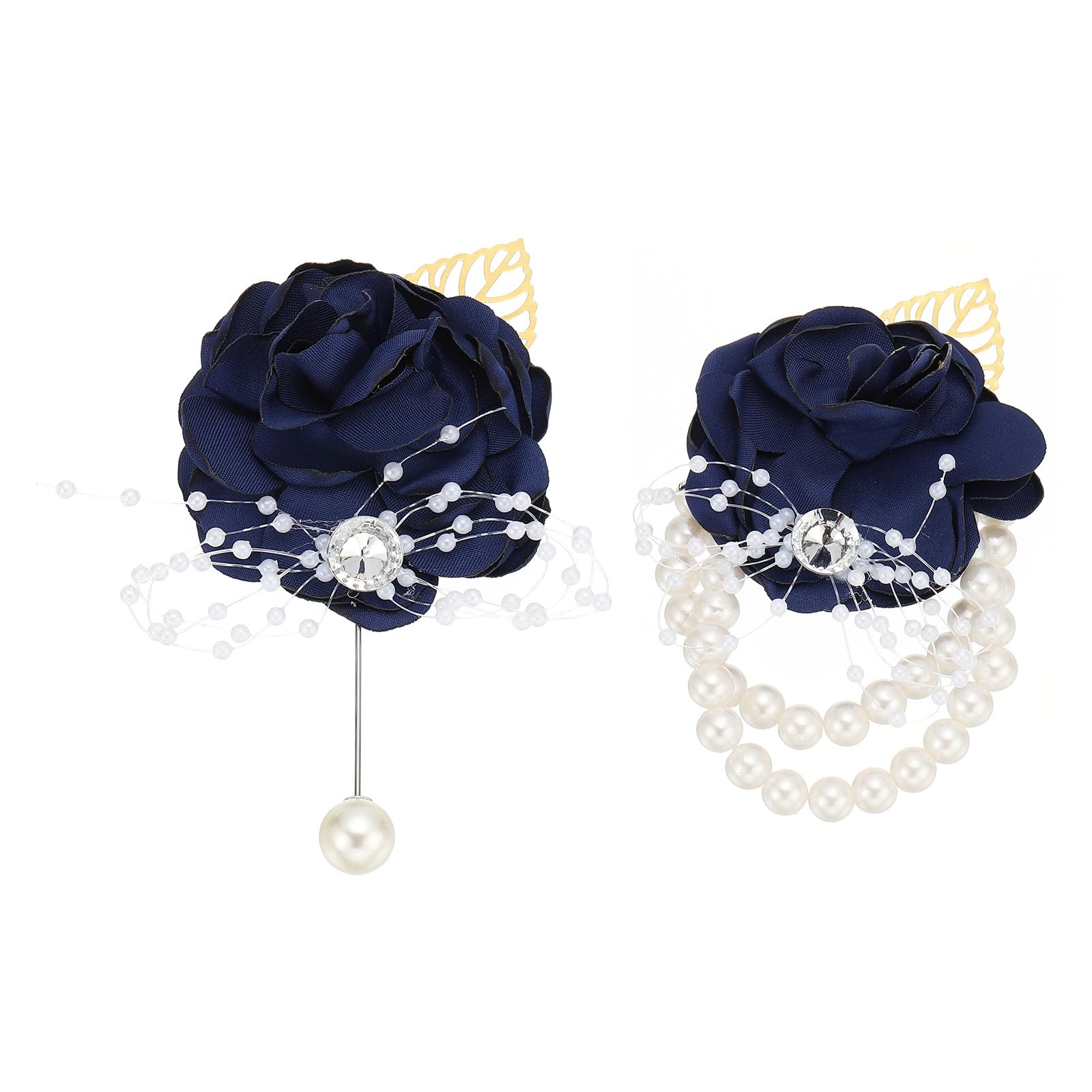PATIKIL Rose Bridesmaid Wrist Flower Corsage, Artificial Rose Flower Wrist Corsage Boutonnieres Bride Wrist Corsage for Wedding Party Ceremony, Navy Blue