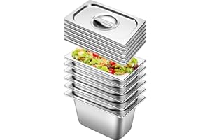 CHIEFINCH Hotel Pan With Lids 6 Pack 1/4 Size 6" Deep Stainless Steel Steam Table Pan, Commercial Food Pans for Catering Buffet Chafing Dish Pans Metal Steam Tray (1/4 Size x 6 Inch Deep, 6 Pack)