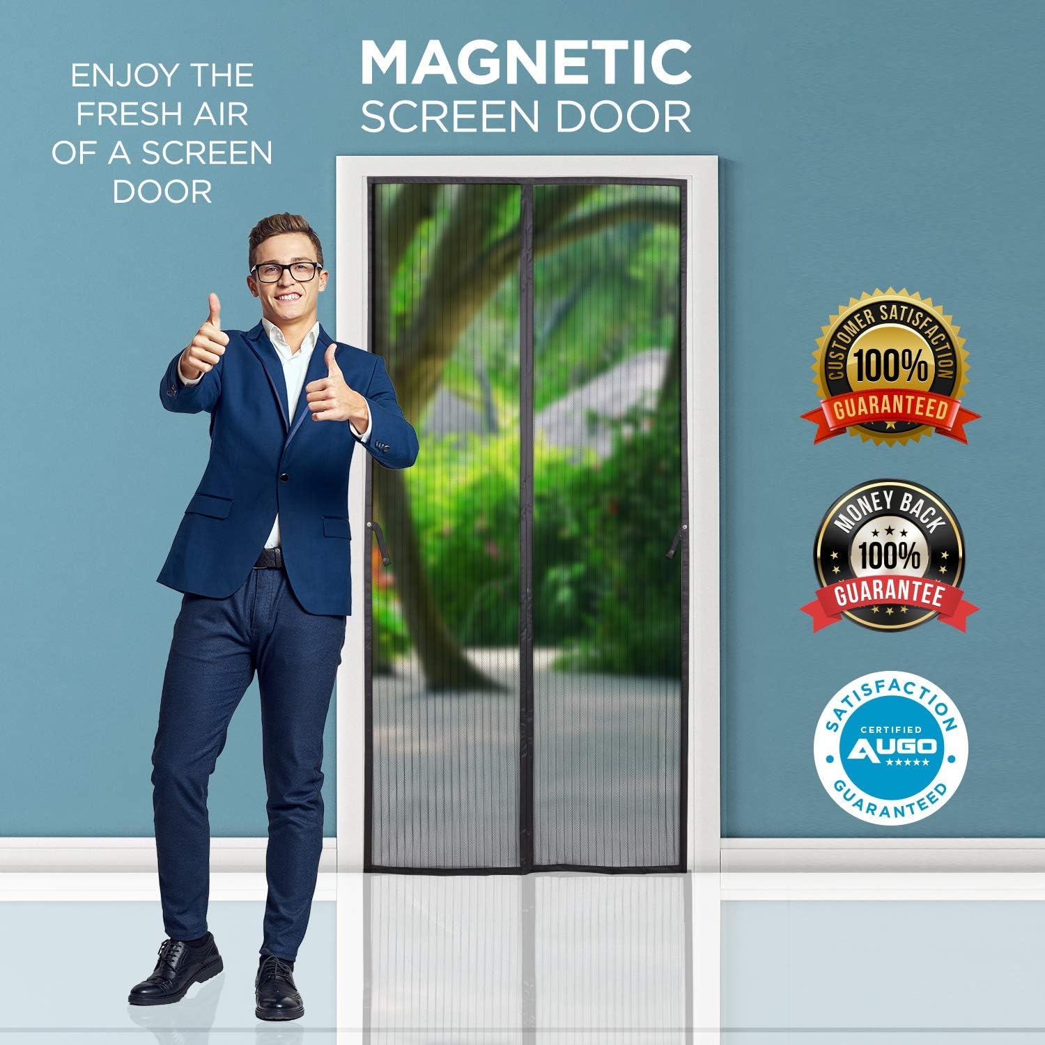 Magnetic Screen Door - Self Sealing, Heavy Duty, Hands Free Mesh Partition Keeps Bugs Out - Pet and Kid Friendly - Patent Pending Keep Open Feature - 38" x 83" - by Augo - - 